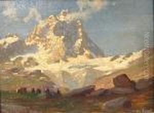 A View Of A Snow-covered Peak With Cattle Grazing In The Foreground A View Of A Snow-covered Peak With Cattle Grazing In The Foreground