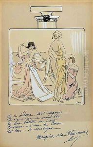 Caricature of Coco Chanel 1883-1971 in a bottle of Chanel No.5, from Le Nouvel Monde, 1923 by Georges Goursat Sem