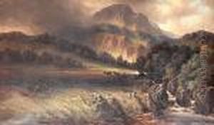 Highland Landscape With Stag And Deerstalkercrouching Behind A Rock