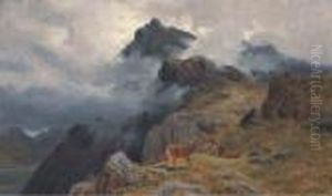 A Stag And Hines In A Highland Landscape