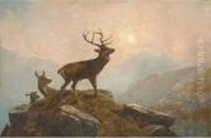 Stags In A Highland Landscape by Clarence Roe