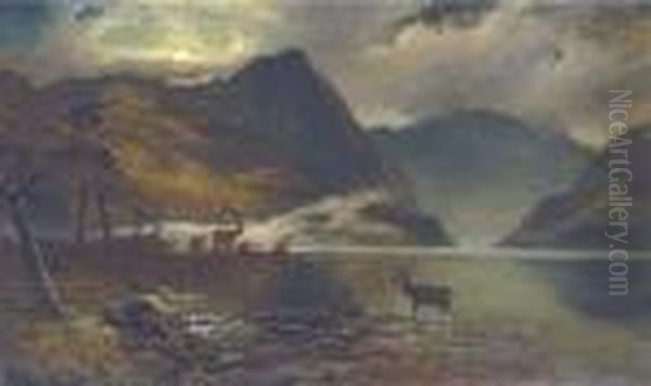 Stags Watering By A Moonlit Loch - view 1