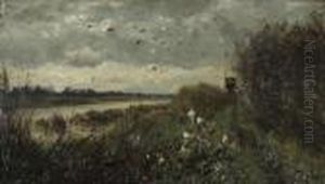 Rivierlandschap Met Windmolen Bij De Oever En Zwerm Vogels In Vlucht Rivierlandschap Met Windmolen Bij De Oever En Zwerm Vogels In Vlucht