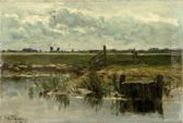 River Scene With Distant Windmill - view 1