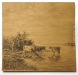 Watering Cows In Summer Landscape by Willem Roelofs