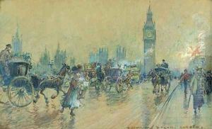 Horses and carriages on Westminster Bridge before the Houses of Parliament by Georges Stein