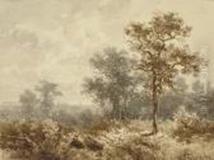 Paysage Arbore Avec Une Femme Assise Devant Un Fagot De Bois