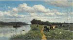 Cows Grazing Near A Canal, Schiedam by Willem Roelofs
