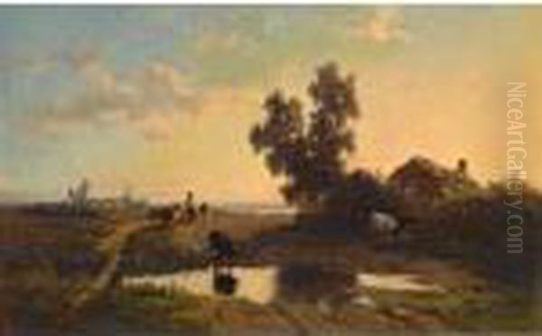 A Farmer And His Cows At Sunset - view 1