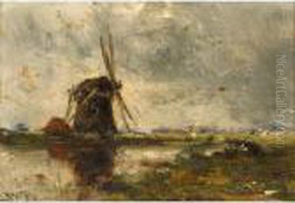 Watering Cows; A Windmill In A Polder Landscape (a Pair) - view 1