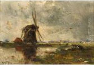 Watering Cows; A Windmill In A Polder Landscape (a Pair) by Willem Roelofs