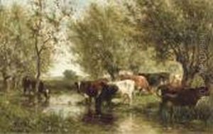 Cattle By A Wooded Pond by Willem Roelofs