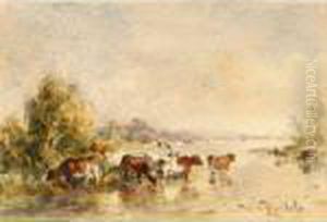 Watering Cows In A Summer Landscape by Willem Roelofs