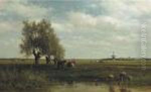 Cows By A Stream In A Polder Landscape by Willem Roelofs