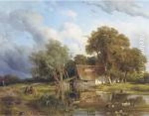 A Wooded Landscape With Children Playing By A Pond