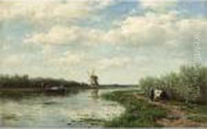 Figures On A Country Road Along A Waterway, A Windmill In The Distance