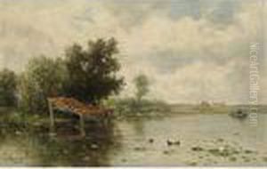 A Polder Landscape With A Man In A Rowing Boat by Willem Roelofs