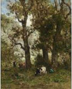 Cattle In A Wooded Landscape by Willem Roelofs