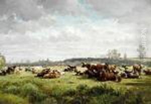 Cows Grazing In A Meadow In Summer by Willem Roelofs