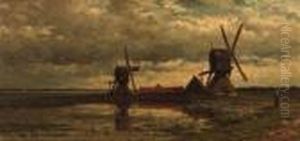 An Extensive Polder Landscape With Windmills By A Pond by Willem Roelofs