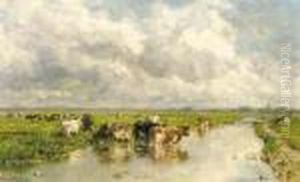 Weide Met Vee: Cows On A Riverbank by Willem Roelofs