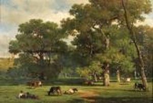 Cows In A Sunlit Meadow by Willem Roelofs