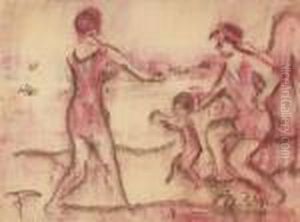 Frauen Und Kind Am Strand Spielend by Christian Rohlfs