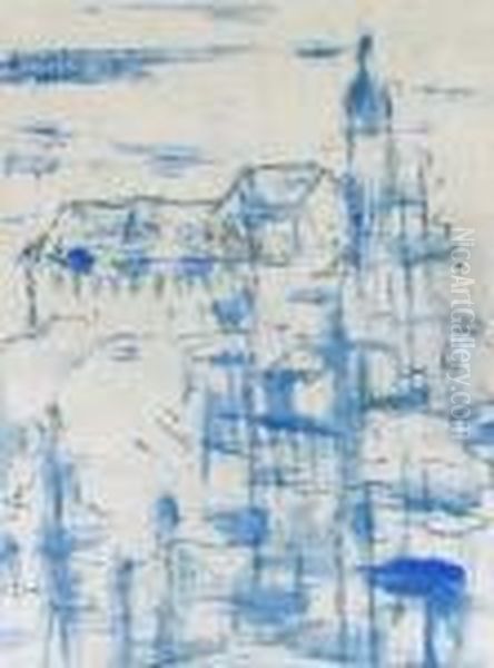 Kloster Andechs. Blau Lavierte
Kohlezeichnung Auf Velin. 48 X 36 Cm. 1921. Ruckseitig Mit
Nachlasstempel Und Datierung. Im Leinenpassepartout, Unter Glas Gerahmt. - view 1