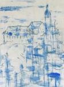 Kloster Andechs. Blau Lavierte 
Kohlezeichnung Auf Velin. 48 X 36 Cm. 1921. Ruckseitig Mit 
Nachlasstempel Und Datierung. Im Leinenpassepartout, Unter Glas Gerahmt.
