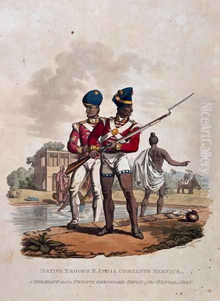Native Troops, East India Companys Service, A Sergeant and a Private Grenadier Sepoy of the Bengal Army, from Costumes of the Army of the British Empire, according to the last regulations 1812, published by Colnaghi and Co. 1812-15 - view 1