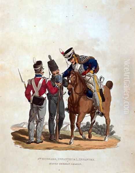 3rd Hussars, Infantry and Light Infantry, Kings German Legion, from Costumes of the Army of the British Empire, according to the last regulations 1812, engraved by J.C. Stadler, published by Colnaghi and Co. 1812-15 - view 1