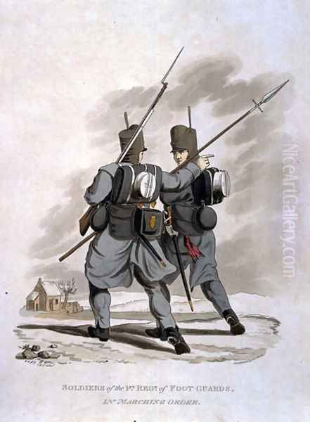 Soldiers of the 1st Regiment of Foot Guards in Marching Order, from Costumes of the Army of the British Empire, according to the last regulations 1812, engraved by J.C. Stadler, published by Colnaghi and Co. 1812-15 - view 1