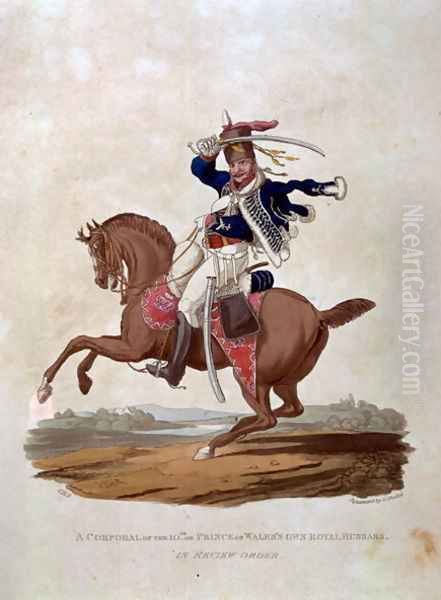 A Corporal of the 10th, or Prince of Waless Own Royal Hussars in Review Order, from Costumes of the Army of the British Empire, according to the last regulations 1812, engraved by J.C. Stadler, published by Colnaghi and Co. 1812-15 - view 1