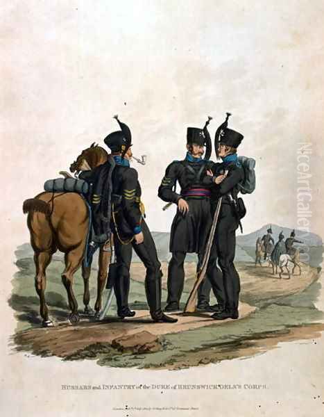 Hussars and Infantry of the Duke of Brunswick Oelss Corps, from Costumes of the Army of the British Empire, according to the last regulations 1812, engraved by J.C. Stadler, published by Colnaghi and Co. 1812-15 - view 1