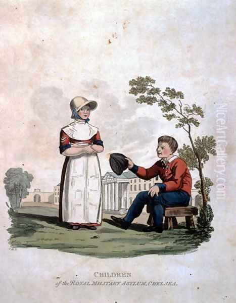 Children at the Royal Military Asylum, Chelsea, from Costumes of the Army of the British Empire, according to the last regulations 1812, engraved by J.C. Stadler, published by Colnaghi and Co. 1812-15 - view 1