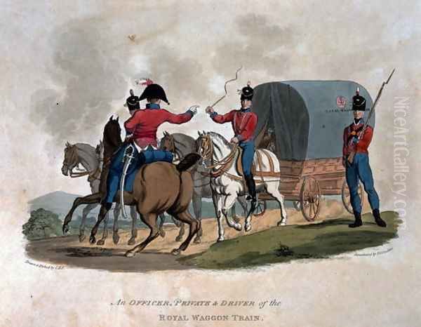 An Officer, Private, and Driver of the Royal Waggon Train, from Costumes of the Army of the British Empire, according to the last regulations 1812, engraved by J.C. Stadler, published by Colnaghi and Co. 1812-15 - view 1