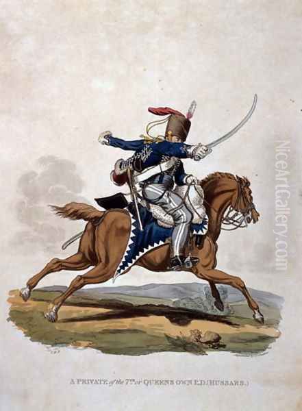 A Private of the 7th, or Queens Own Hussars, from Costumes of the Army of the British Empire, according to the last regulations 1812, engraved by J.C. Stadler, published by Colnaghi and Co. 1812-15 - view 1