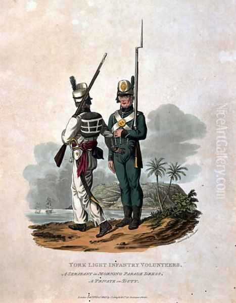 York Light Infantry Volunteers, a Serjeant of Morning Parade Dress, A Private on Duty, from Costumes of the Army of the British Empire, according to the last regulations 1812, engraved by J.C. Stadler, published by Colnaghi and Co. 1812-15 - view 1