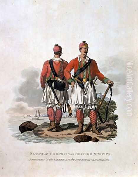 Foreign Corps in the British Service, Privates of the Greek Light Infantry Regiment, from Costumes of the Army of the British Empire, according to the last regulations 1812, engraved by J.C. Stadler, published by Colnaghi and Co. 1812-15 - view 1