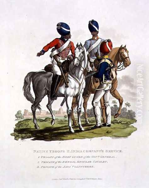 Native Troops in the East India Companys Service a Trooper of the Body Guard of the Governor General, a Private of the Bengal Regular Cavalry and a Private of the Java Voluntary, engraved by Joseph Constantine Stadler, 1815 - view 1