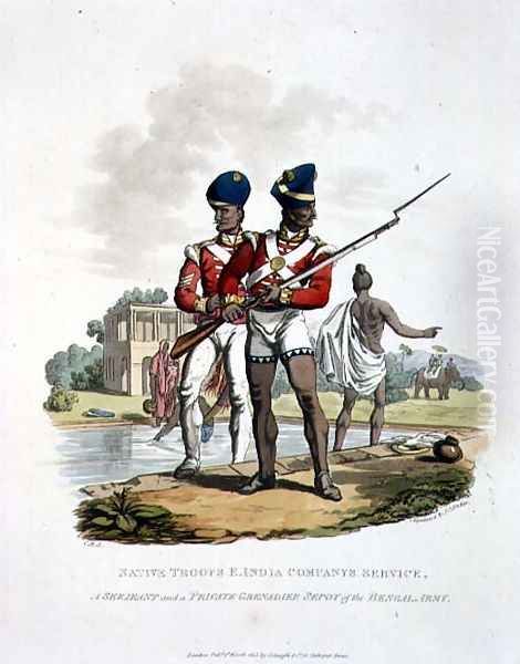 Native Troops in the East India Companys Service a Sergeant and a Private Grenadier Sepoy of the Bengal Army, engraved by Joseph Constantine Stadler, 1815 - view 1