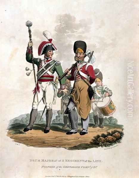 Drum Major and Co of a Regiment, of the Line with Pioneer of the Grenadier Company of D, from Costumes of the Army of the British Empire, according to the last regulations 1812, engraved by J.C. Stadler, published by Colnaghi and Co. 1812-15 - view 1