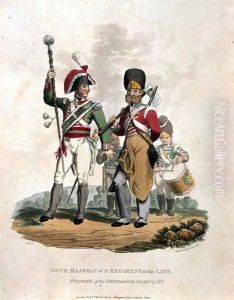 Drum Major and Co of a Regiment, of the Line with Pioneer of the Grenadier Company of D, from Costumes of the Army of the British Empire, according to the last regulations 1812, engraved by J.C. Stadler, published by Colnaghi and Co. 1812-15 by Charles Hamilton Smith