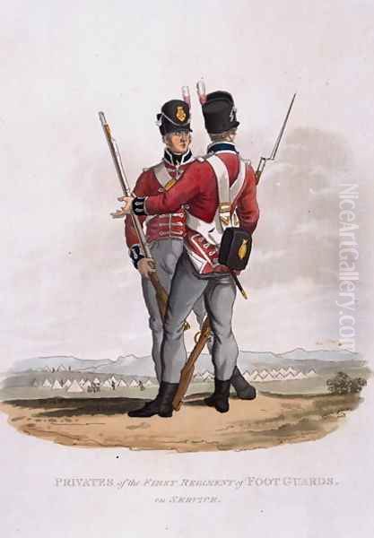 Privates of the First Regiment of Foot Guards on Service, from Costumes of the Army of the British Empire, according to the last regulations 1812, engraved by J.C. Stadler, published by Colnaghi and Co. 1812-15 - view 1
