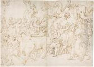 Zug Mit Zahlreichen Personen Und Tieren, Wie Elefanten, Kamele, Ochsen, Widder U.a. by Giulio Romano (Orbetto)
