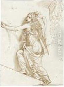 A Winged Female Figure Holding A Wreath by Giulio Romano (Orbetto)