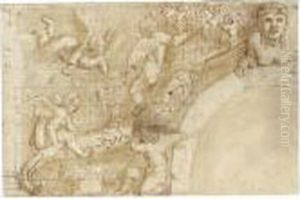 Putti Playing With Vines And A Cornucopia, A Sphinx Above An Arch To The Right