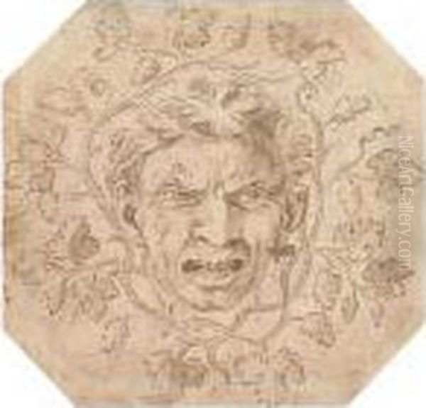 A Grotesque Face Framed By Vine Branches And Leaves<</b> - view 1