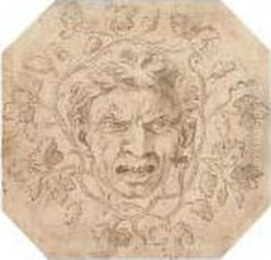 A Grotesque Face Framed By Vine Branches And Leaves<</b> by Giulio Romano (Orbetto)