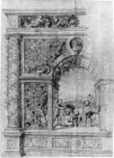 Putti Harvesting Grapes From A Vine Under An Arch Decorated With Abust Of A Woman - view 1